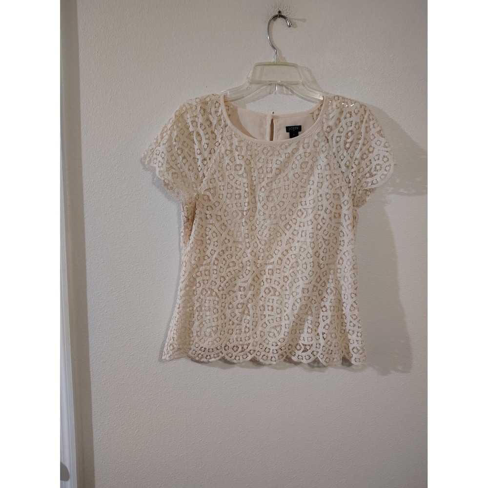 J.Crew Women Cream Ivory Lace Short Sleeve Scalloped Hem Blouse Top Size 2